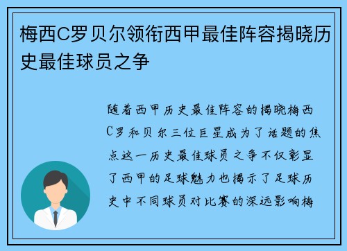 梅西C罗贝尔领衔西甲最佳阵容揭晓历史最佳球员之争 梅西C罗贝尔领衔西甲最佳阵容揭晓历史最佳球员之争